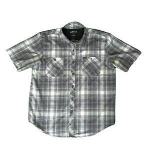 Orvis button up short sleeve collared shirt in black, white and gray size large
